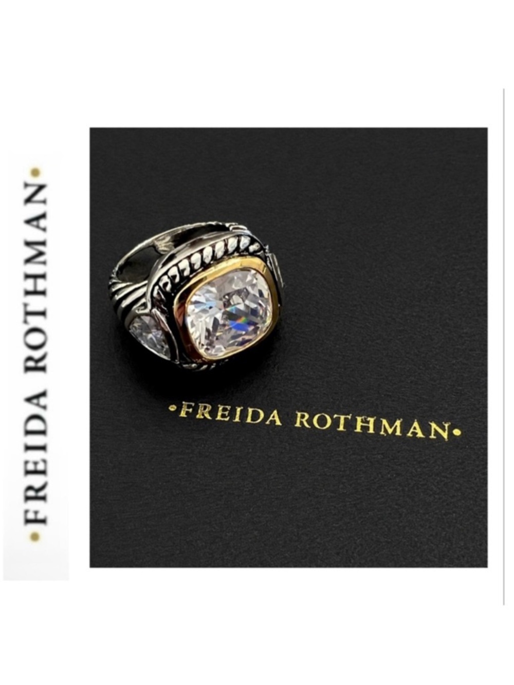 NWT Freida Rothman Two Toned Silver and Gold CZ Statement Ring